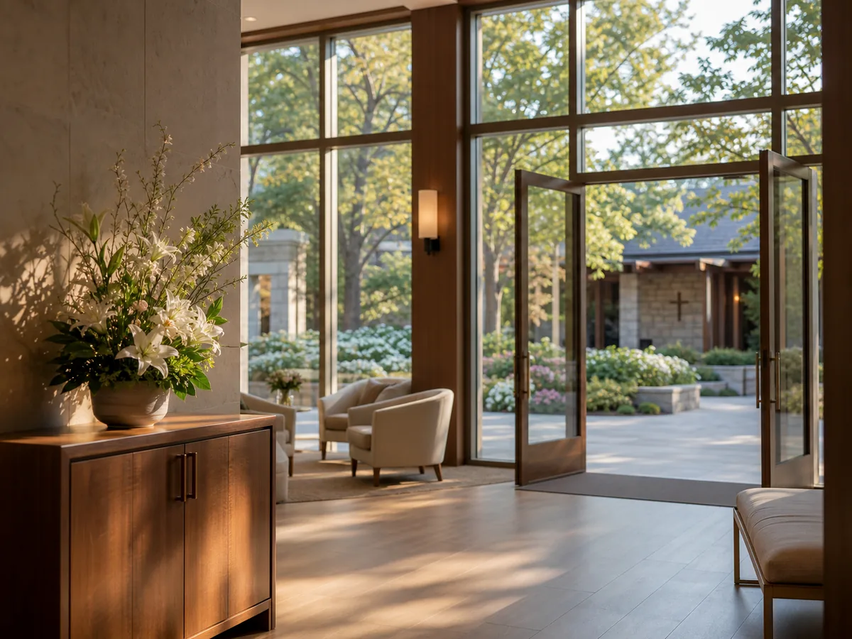 Welcoming funeral home lobby with chapel garden light
